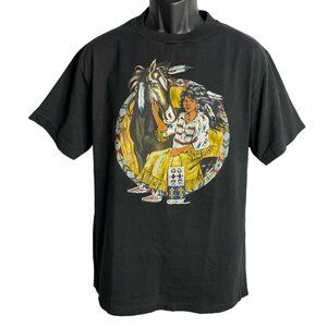 Vintage 90s Native American Girl T Shirt L Black Single Stitch Crewneck Horse